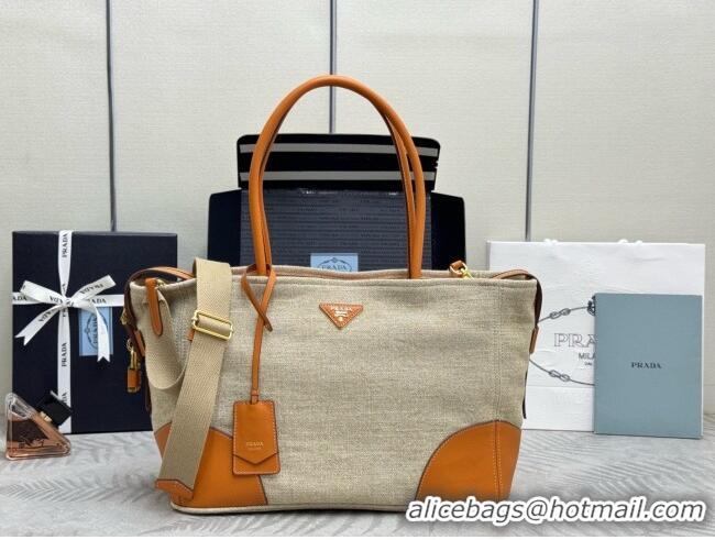 Well Crafted Prada Large Linen and Leather Tote Bag 1BG659 Brown/Natural 2026