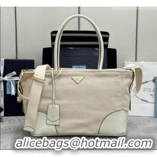 Buy Fashionable Prada Large Linen and Leather Tote Bag 1BG659 White/Natural 2026