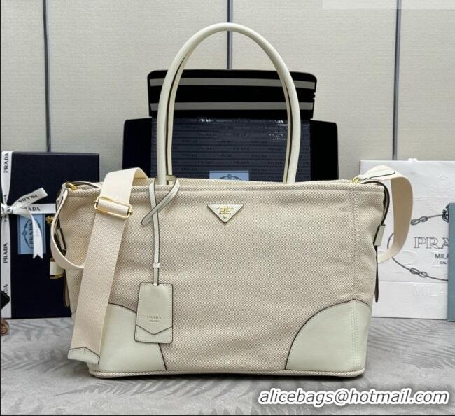 Buy Fashionable Prada Large Linen and Leather Tote Bag 1BG659 White/Natural 2026