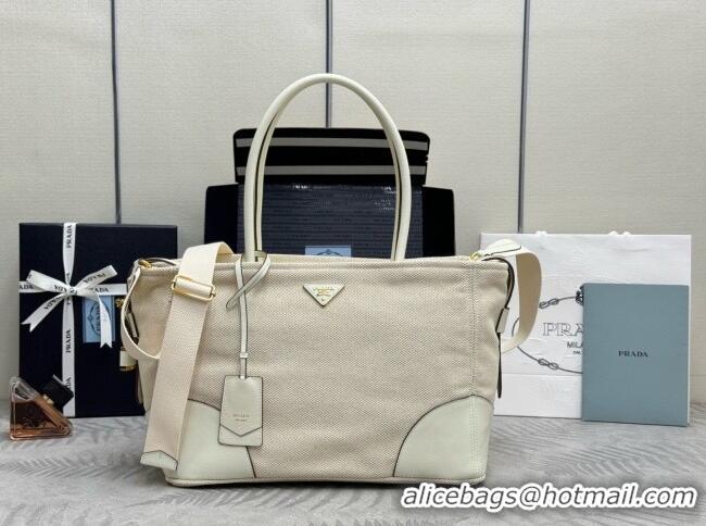 Buy Fashionable Prada Large Linen and Leather Tote Bag 1BG659 White/Natural 2026