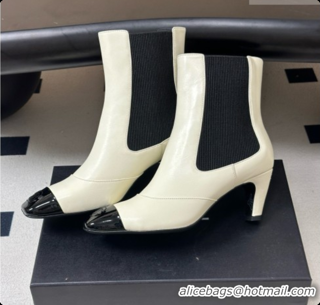 Luxury Cheap Chanel Ankle Boots in Lambskin & Patent Leather 6.5cm Heel CH090963 White 2026
