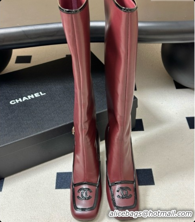 Hot Style Chanel High Boots in Lambskin & Patent Leather 8.5cm Heel CH090970 Burgundy 2026