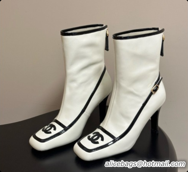 Charming Chanel Short Boots in Lambskin & Patent Leather 8.5cm Heel CH090975 White 2026