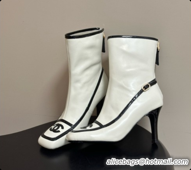 Charming Chanel Short Boots in Lambskin & Patent Leather 8.5cm Heel CH090975 White 2026