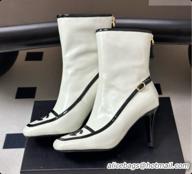 Charming Chanel Short Boots in Lambskin & Patent Leather 8.5cm Heel CH090975 White 2026