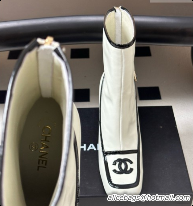 Charming Chanel Short Boots in Lambskin & Patent Leather 8.5cm Heel CH090975 White 2026