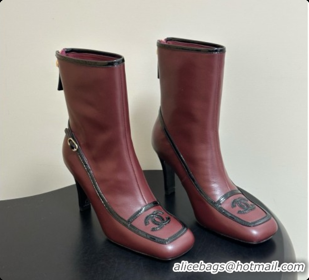 Best Grade Chanel Short Boots in Lambskin & Patent Leather 8.5cm Heel CH090978 Burgundy 2026