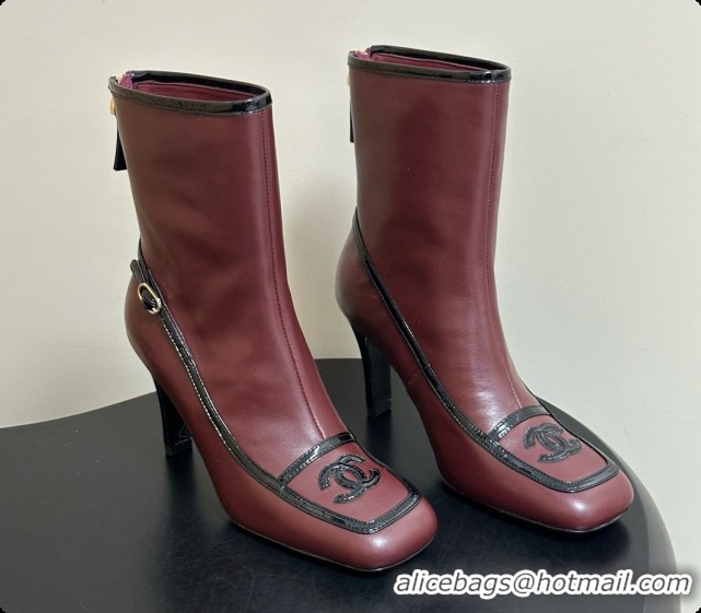 Best Grade Chanel Short Boots in Lambskin & Patent Leather 8.5cm Heel CH090978 Burgundy 2026