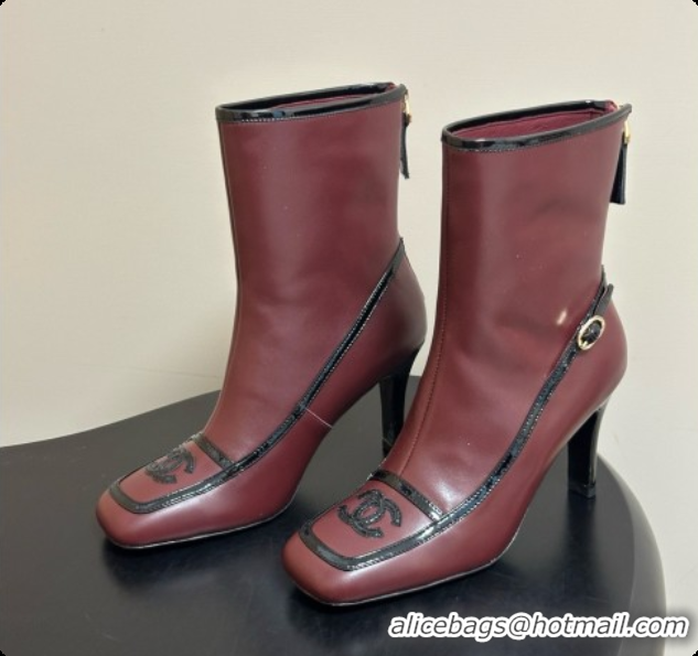 Best Grade Chanel Short Boots in Lambskin & Patent Leather 8.5cm Heel CH090978 Burgundy 2026