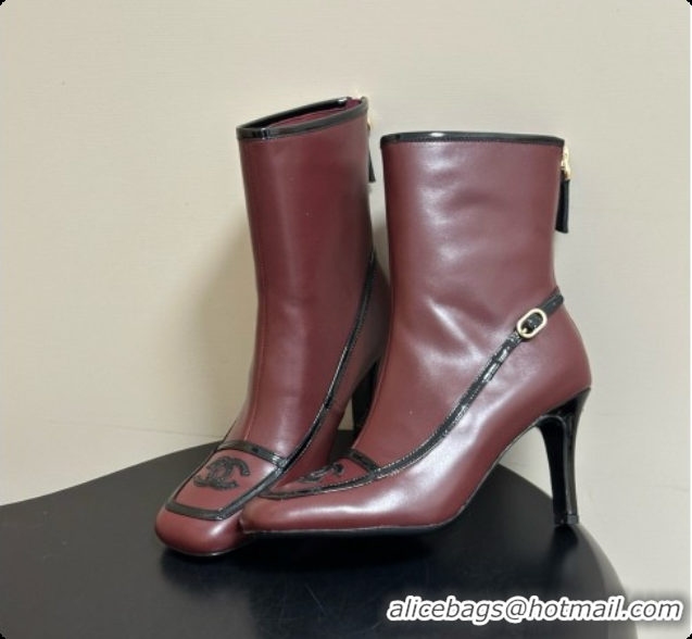 Best Grade Chanel Short Boots in Lambskin & Patent Leather 8.5cm Heel CH090978 Burgundy 2026