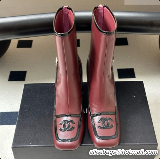 Best Grade Chanel Short Boots in Lambskin & Patent Leather 8.5cm Heel CH090978 Burgundy 2026