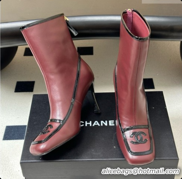 Best Grade Chanel Short Boots in Lambskin & Patent Leather 8.5cm Heel CH090978 Burgundy 2026