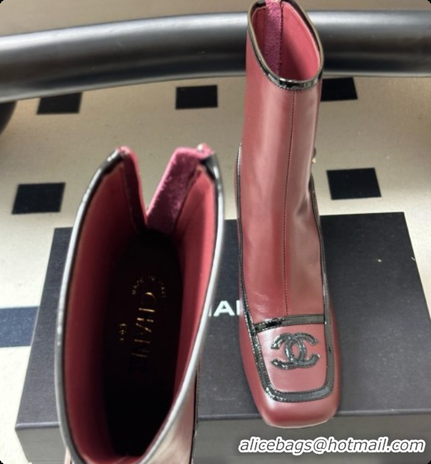 Best Grade Chanel Short Boots in Lambskin & Patent Leather 8.5cm Heel CH090978 Burgundy 2026