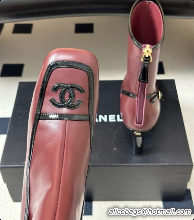 Best Grade Chanel Short Boots in Lambskin & Patent Leather 8.5cm Heel CH090978 Burgundy 2026