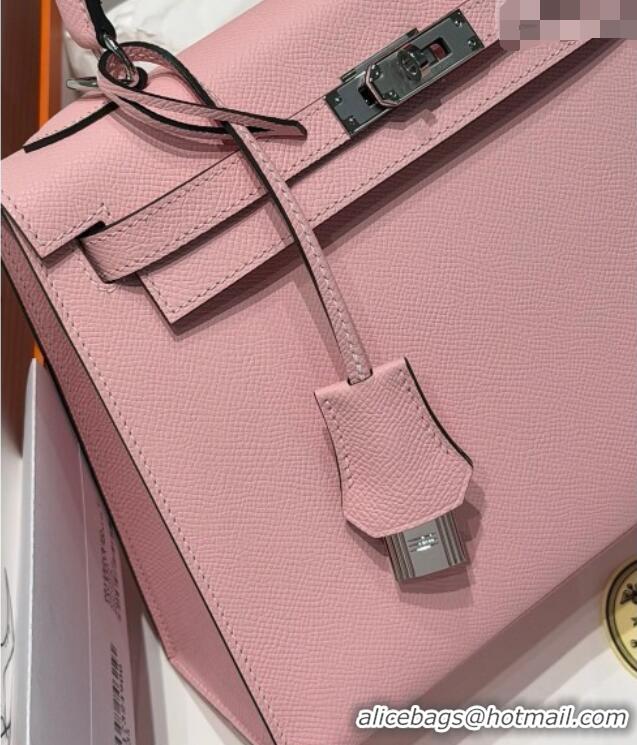 Classic Cheap Hermes Kelly Epsom Bag 25cm in Cow Leather H0414 3Q Rouse Sakura Pink 2026 (Half Handmade)