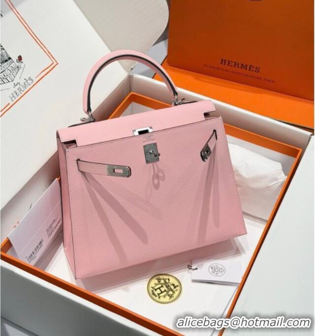 Classic Cheap Hermes Kelly Epsom Bag 25cm in Cow Leather H0414 3Q Rouse Sakura Pink 2026 (Half Handmade)