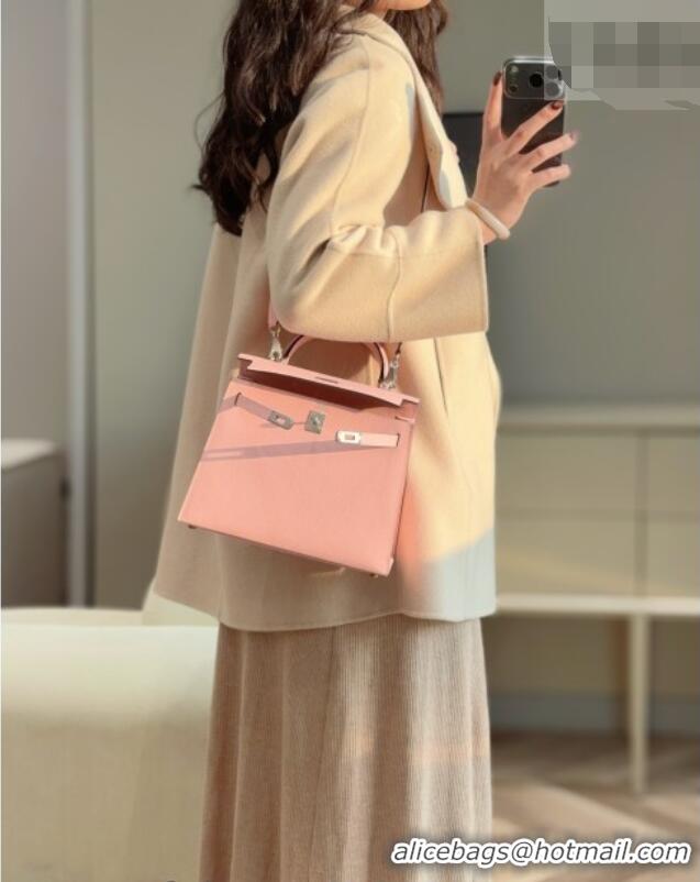 Classic Cheap Hermes Kelly Epsom Bag 25cm in Cow Leather H0414 3Q Rouse Sakura Pink 2026 (Half Handmade)