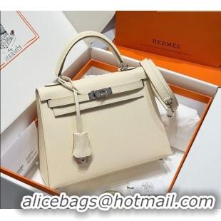 Spot Bulk Hermes Kelly Epsom Bag 25cm in Cow Leather H0414 Milk Shake White/Silver 2026 (Half Handmade)
