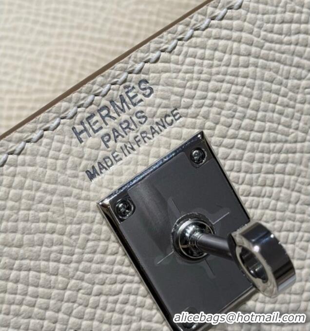 Spot Bulk Hermes Kelly Epsom Bag 25cm in Cow Leather H0414 Milk Shake White/Silver 2026 (Half Handmade)