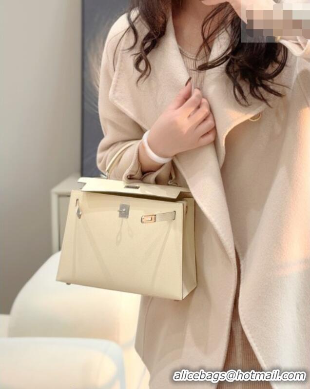 Spot Bulk Hermes Kelly Epsom Bag 25cm in Cow Leather H0414 Milk Shake White/Silver 2026 (Half Handmade)