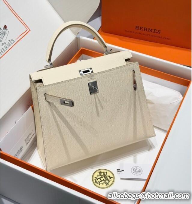 Spot Bulk Hermes Kelly Epsom Bag 25cm in Cow Leather H0414 Milk Shake White/Silver 2026 (Half Handmade)