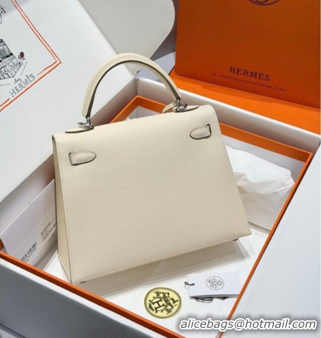 Spot Bulk Hermes Kelly Epsom Bag 25cm in Cow Leather H0414 Milk Shake White/Silver 2026 (Half Handmade)