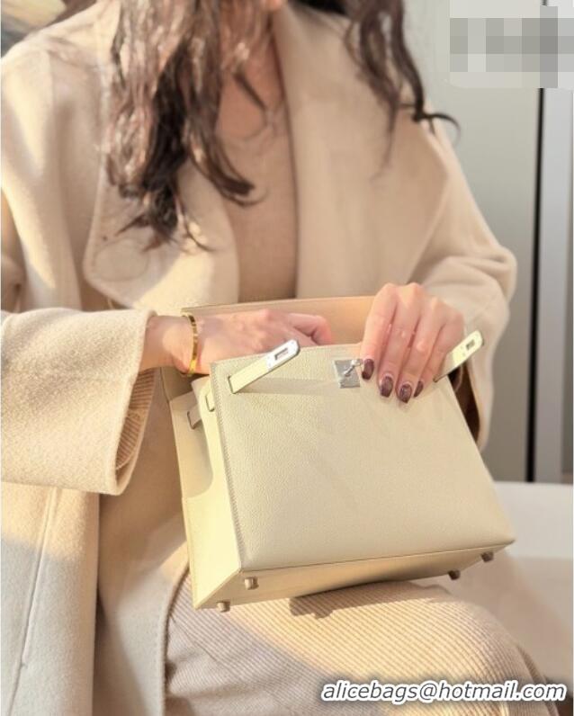Spot Bulk Hermes Kelly Epsom Bag 25cm in Cow Leather H0414 Milk Shake White/Silver 2026 (Half Handmade)