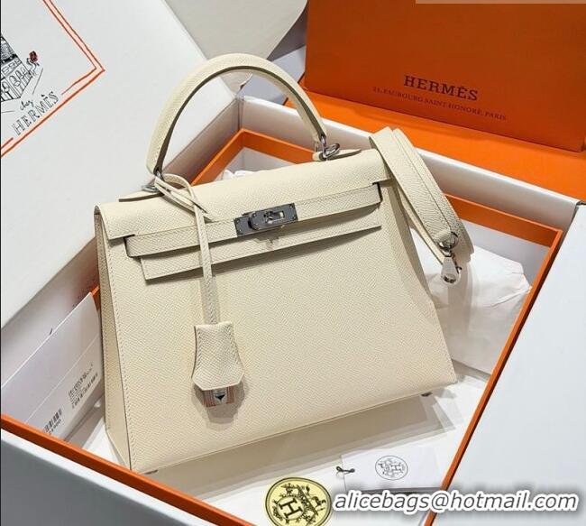 Spot Bulk Hermes Kelly Epsom Bag 25cm in Cow Leather H0414 Milk Shake White/Silver 2026 (Half Handmade)