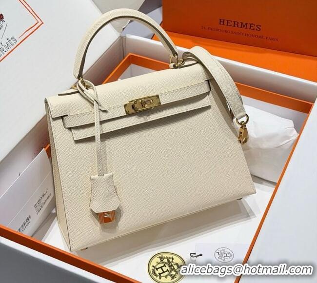 Modern Cheap Hermes Kelly Epsom Bag 25cm in Cow Leather H0414 Milk Shake White/Gold 2026 (Half Handmade)