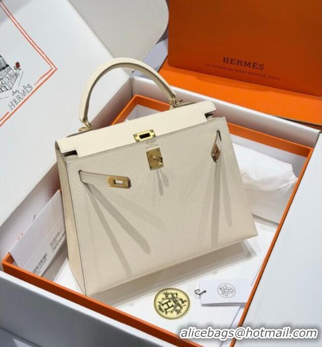 Modern Cheap Hermes Kelly Epsom Bag 25cm in Cow Leather H0414 Milk Shake White/Gold 2026 (Half Handmade)