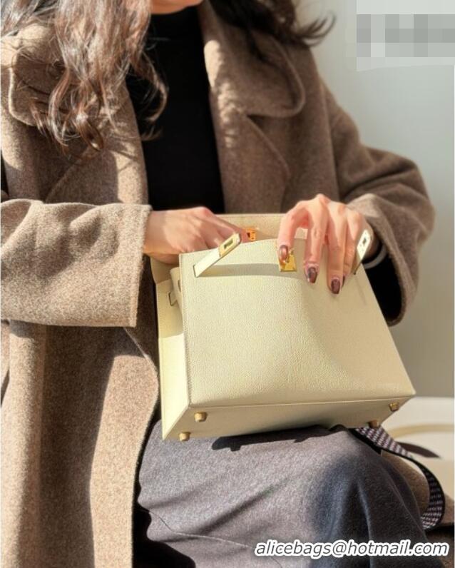 Modern Cheap Hermes Kelly Epsom Bag 25cm in Cow Leather H0414 Milk Shake White/Gold 2026 (Half Handmade)