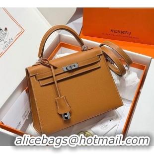 New Fashion Hermes Kelly Epsom Bag 25cm in Cow Leather H0414 Brown/Silver 2026 (Half Handmade)
