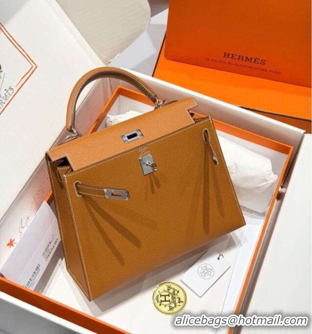 New Fashion Hermes Kelly Epsom Bag 25cm in Cow Leather H0414 Brown/Silver 2026 (Half Handmade)