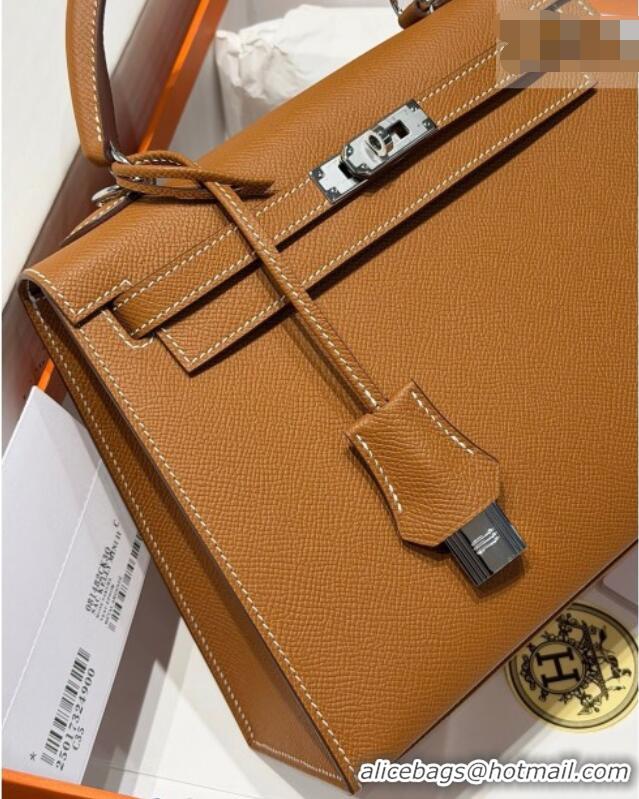 New Fashion Hermes Kelly Epsom Bag 25cm in Cow Leather H0414 Brown/Silver 2026 (Half Handmade)