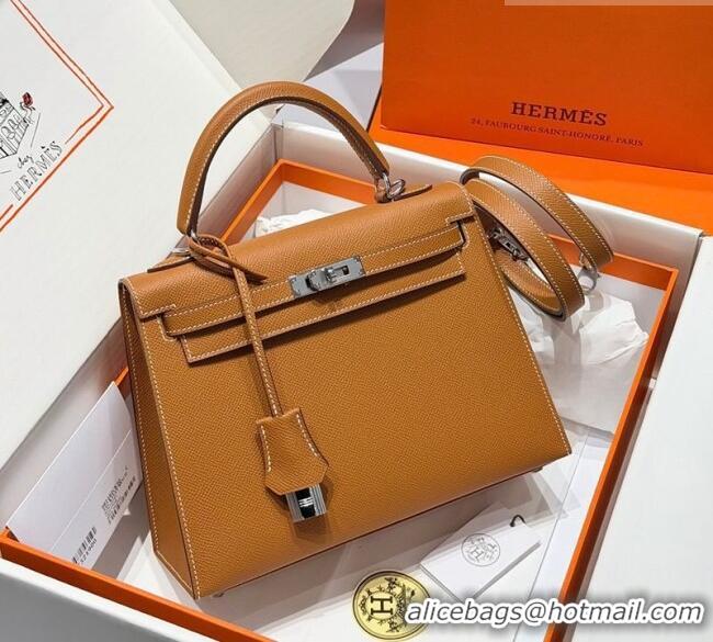 New Fashion Hermes Kelly Epsom Bag 25cm in Cow Leather H0414 Brown/Silver 2026 (Half Handmade)