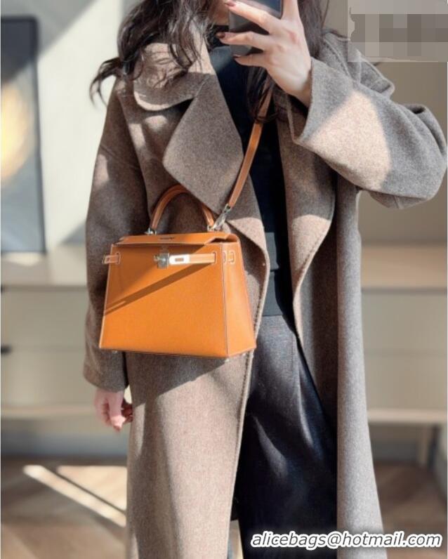 New Fashion Hermes Kelly Epsom Bag 25cm in Cow Leather H0414 Brown/Silver 2026 (Half Handmade)