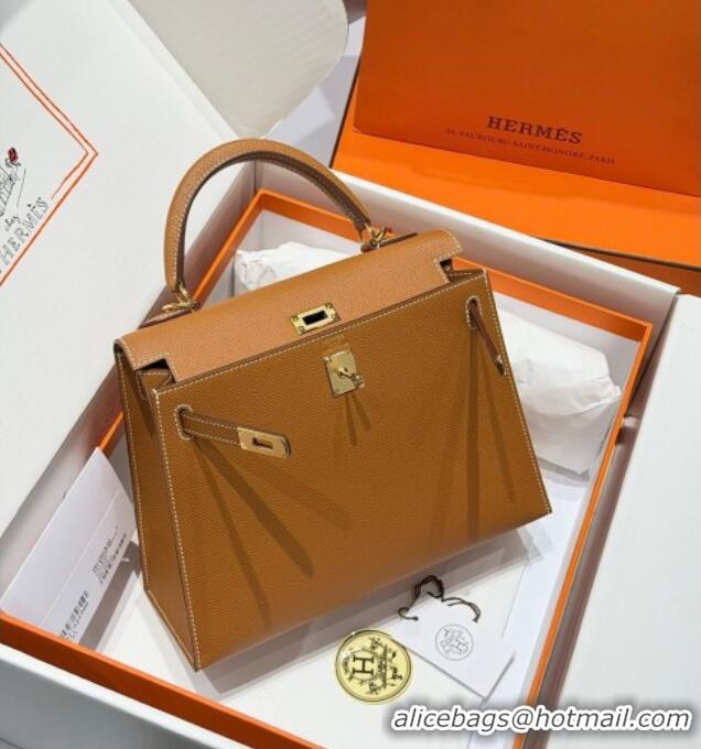 Grade Design Hermes Kelly Epsom Bag 25cm in Cow Leather H0414 Brown/Gold 2026 (Half Handmade)