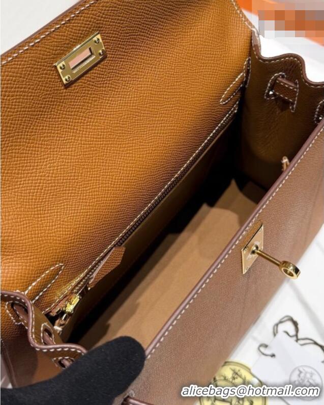 Grade Design Hermes Kelly Epsom Bag 25cm in Cow Leather H0414 Brown/Gold 2026 (Half Handmade)