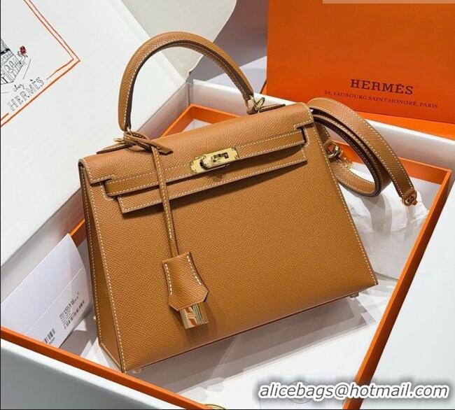 Grade Design Hermes Kelly Epsom Bag 25cm in Cow Leather H0414 Brown/Gold 2026 (Half Handmade)