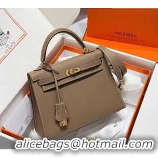 Spot Bulk Hermes Kelly Epsom Bag 25cm in Cow Leather H0414 Elephant Grey/Gold 2026 (Half Handmade)