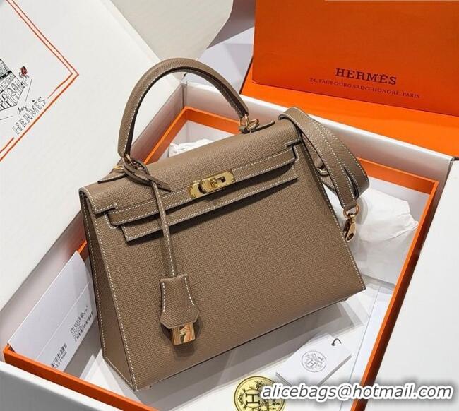 Spot Bulk Hermes Kelly Epsom Bag 25cm in Cow Leather H0414 Elephant Grey/Gold 2026 (Half Handmade)