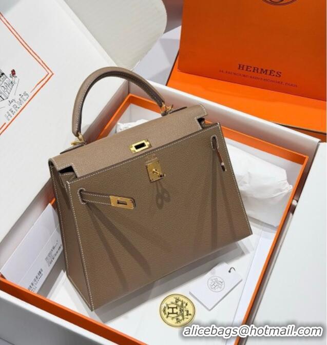 Spot Bulk Hermes Kelly Epsom Bag 25cm in Cow Leather H0414 Elephant Grey/Gold 2026 (Half Handmade)