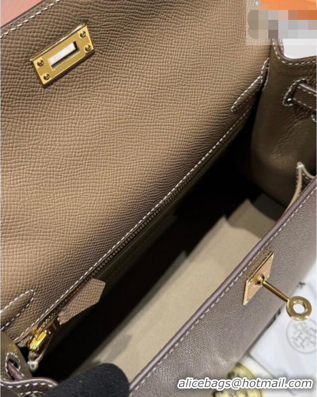 Spot Bulk Hermes Kelly Epsom Bag 25cm in Cow Leather H0414 Elephant Grey/Gold 2026 (Half Handmade)