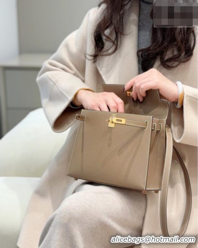 Spot Bulk Hermes Kelly Epsom Bag 25cm in Cow Leather H0414 Elephant Grey/Gold 2026 (Half Handmade)