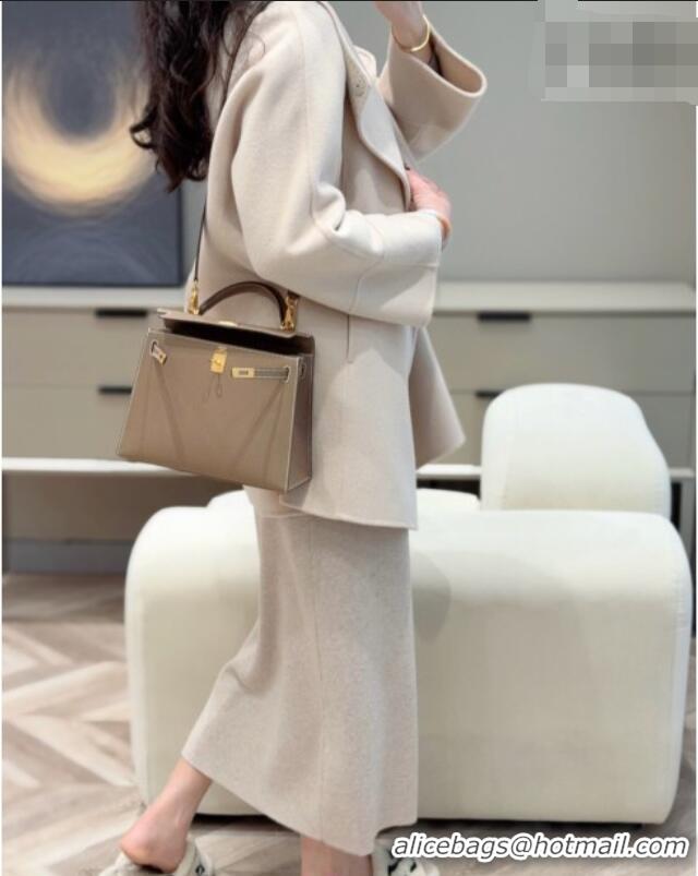 Spot Bulk Hermes Kelly Epsom Bag 25cm in Cow Leather H0414 Elephant Grey/Gold 2026 (Half Handmade)
