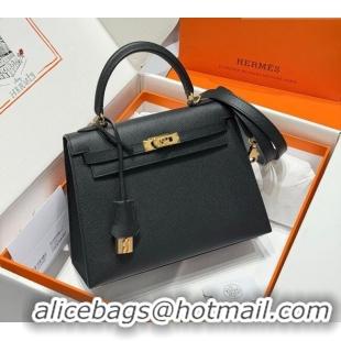 Spot Bulk Hermes Kelly Epsom Bag 25cm in Cow Leather H0414 Black/Gold 2026 (Half Handmade)
