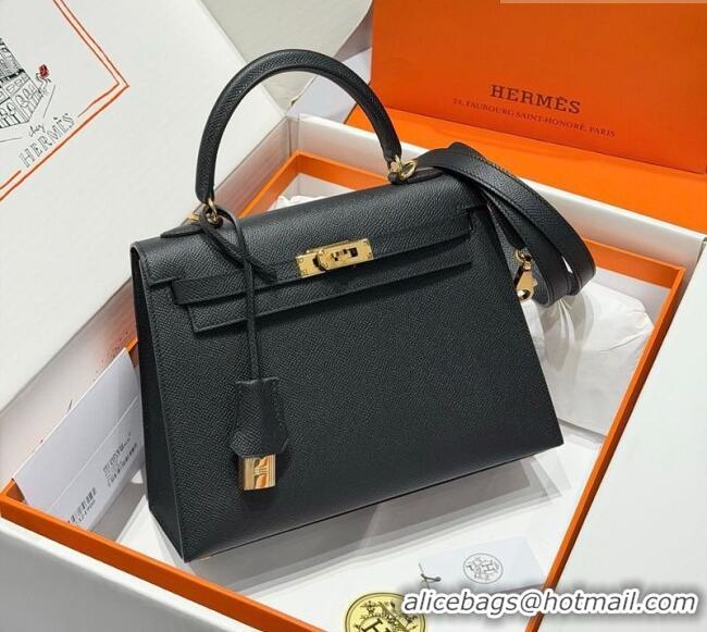 Spot Bulk Hermes Kelly Epsom Bag 25cm in Cow Leather H0414 Black/Gold 2026 (Half Handmade)