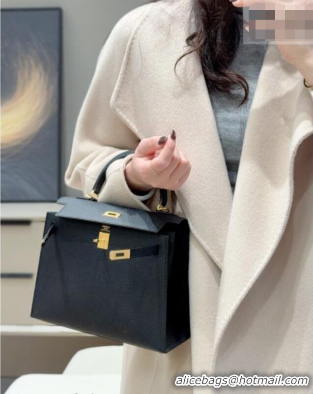Spot Bulk Hermes Kelly Epsom Bag 25cm in Cow Leather H0414 Black/Gold 2026 (Half Handmade)
