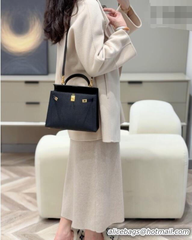 Spot Bulk Hermes Kelly Epsom Bag 25cm in Cow Leather H0414 Black/Gold 2026 (Half Handmade)