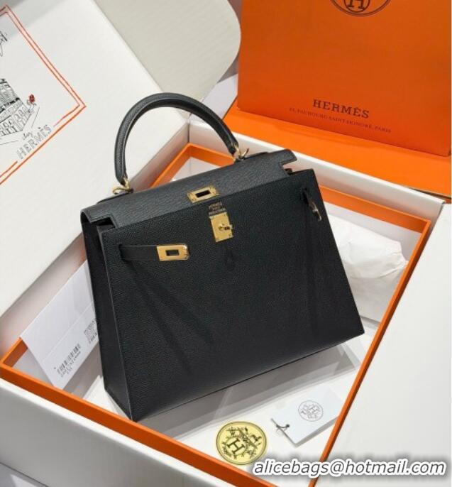 Spot Bulk Hermes Kelly Epsom Bag 25cm in Cow Leather H0414 Black/Gold 2026 (Half Handmade)